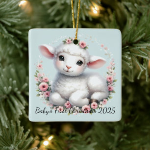 Cute Lamb med Blommigt Krona Illustration Julgransprydnad Keramik