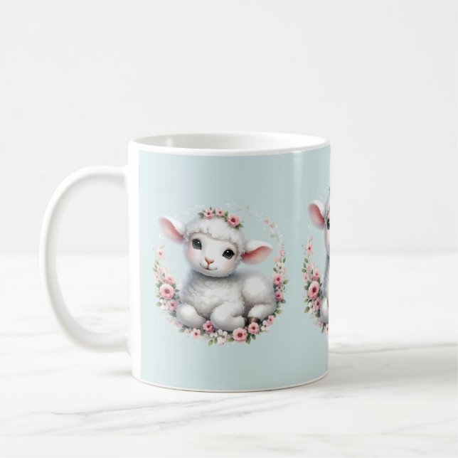 Cute Lamb med Blommigt Krona Illustration Kaffemugg (Vänster)