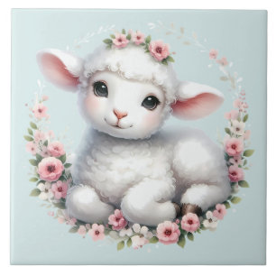 Cute Lamb med Blommigt Krona Illustration Kakelplatta
