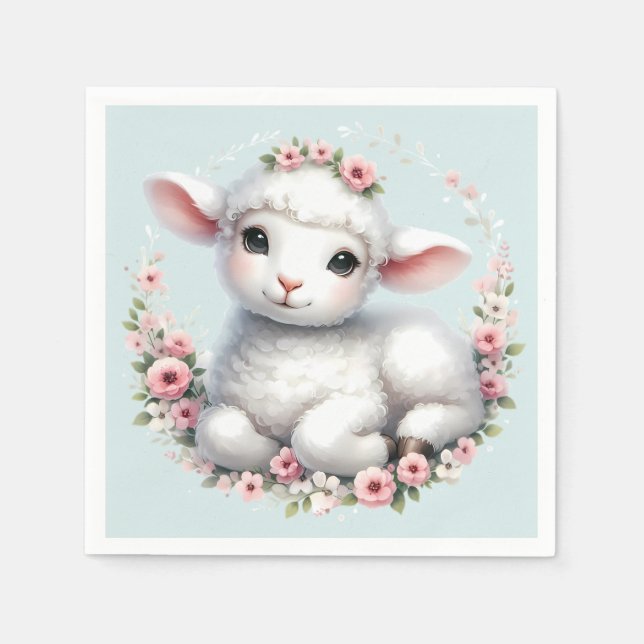 Cute Lamb med Blommigt Krona Illustration Pappersservett (Framsidan)