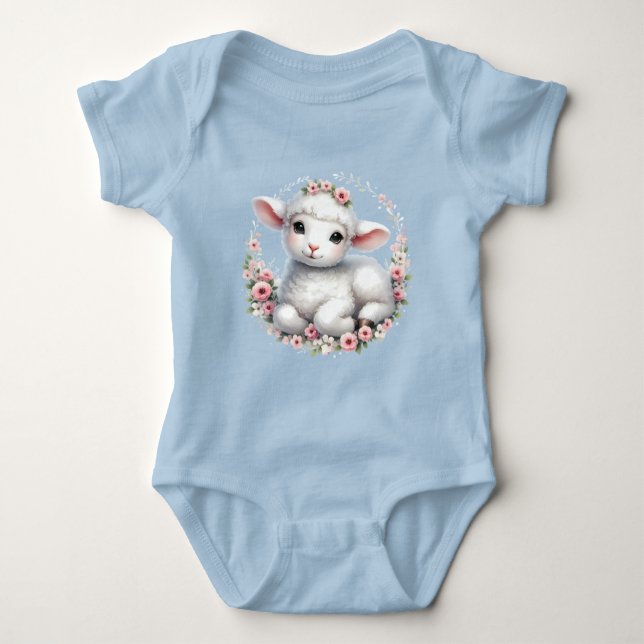 Cute Lamb med Blommigt Krona Illustration T Shirt (Framsida)