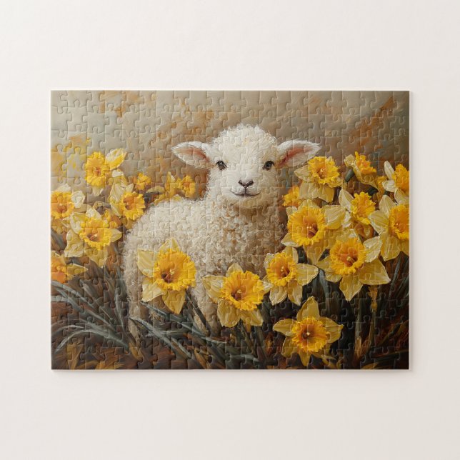 Cute Lamb med målning av Gult Daffodils Pussel (Horisontell)