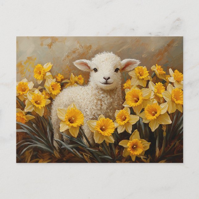 Cute Lamb med målning av Gult Daffodils Vykort (Framsida)