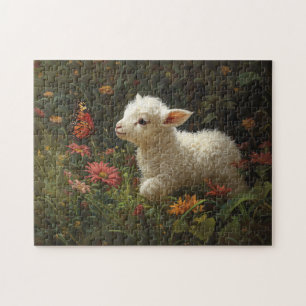 Cute Lamb och Butterfly Art Pussel