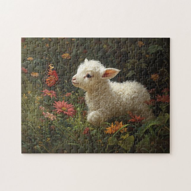 Cute Lamb och Butterfly Art Pussel (Horisontell)