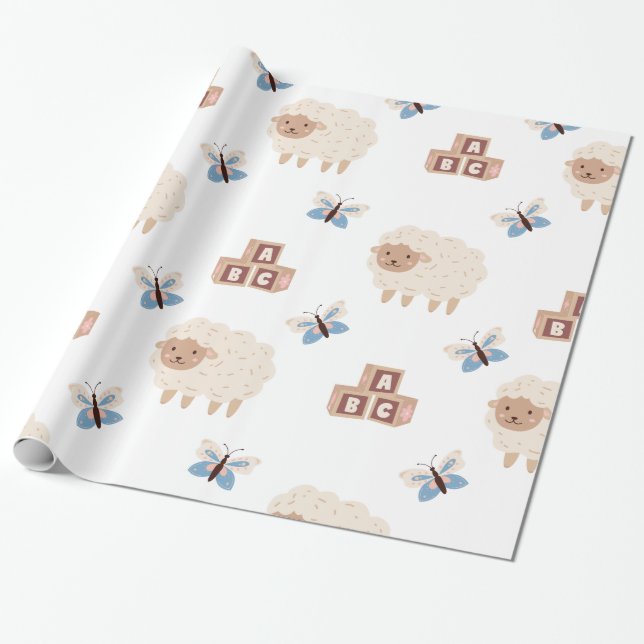 Cute Lamb och butterfly Baby dusch  Presentpapper (Utrullad)