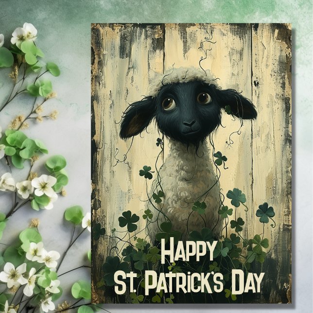 Cute Lamb och Shamrocks-St patrick's day Kort (Front - Cute Lamb and Clovers St Patrick's Day Card)