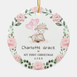 Cute Lamb Rosa Blommigt Utandning Baby Första jul Julgransprydnad Keramik