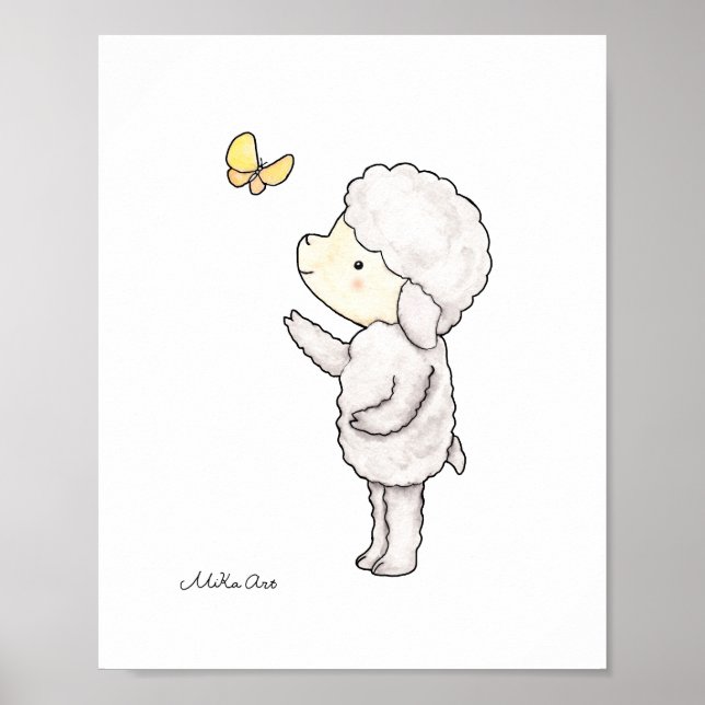 Cute Lamb Sheep Butterfly Nursery Art Print Poster (Framsidan)