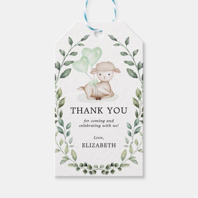 Cute Lamb Vår Greenery Baby Shower Tack Presentetikett (Framsidan)