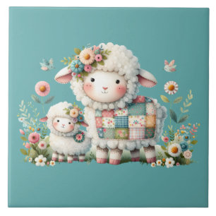 Cute Lambs med Blommigt- och lappverksdetaljer Kakelplatta