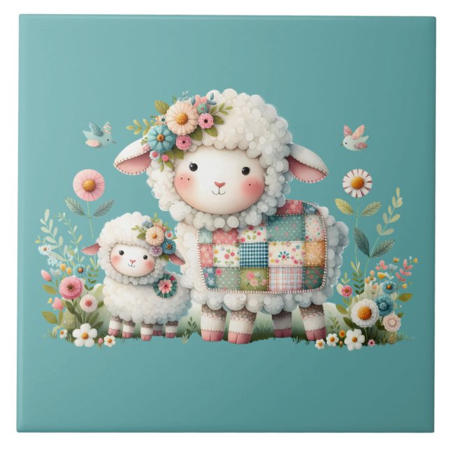 Cute Lambs med Blommigt- och lappverksdetaljer Kakelplatta (Framsidan)