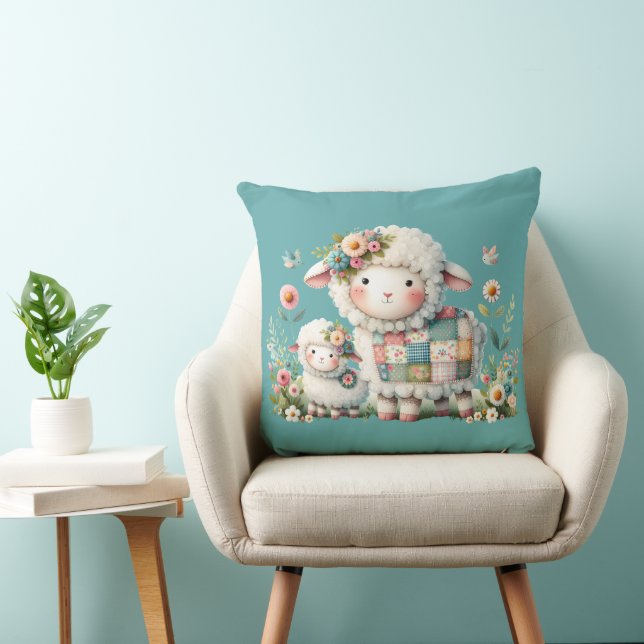 Cute Lambs med Blommigt- och lappverksdetaljer Kudde (Stol)