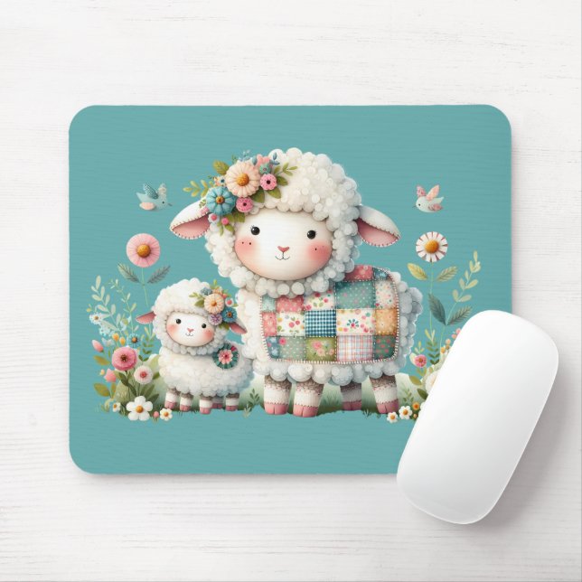 Cute Lambs med Blommigt- och lappverksdetaljer Musmatta (Med mus)