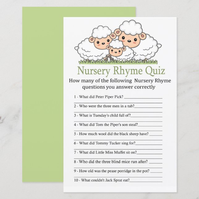 Cute lambs Nursery Rhyme Quiz-babyduschspel (Fram/baksida)
