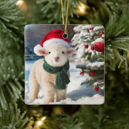 Cute lamm med scarf och tomat julgransprydnad keramik