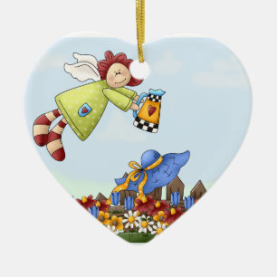 Cute Land Angel Watering Flowers Julgransprydnad Keramik