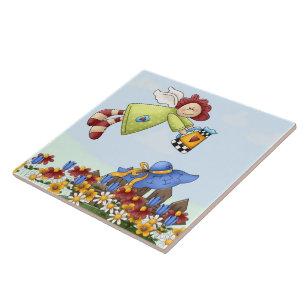 Cute Land Angel Watering Flowers Kakelplatta