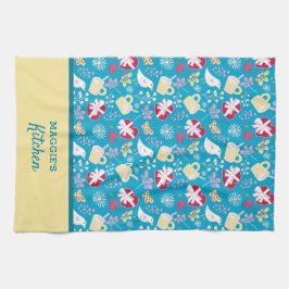 Cute Land Blue Retro Tekopp Heart Bird Mönster Kökshandduk