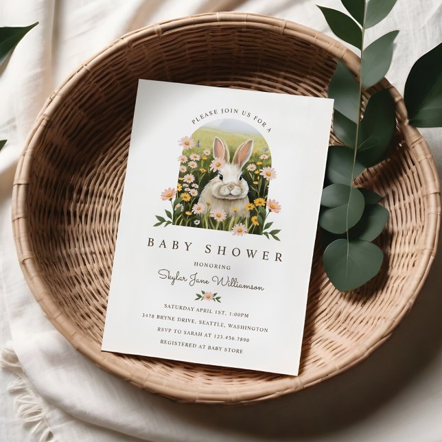 Cute Land Bunny WildblomGirl Baby Shower Inbjudningar (Cute Country Bunny Wildflowers Girl Baby Shower Invitation)