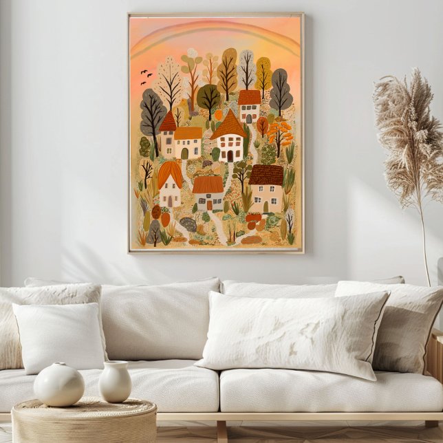 Cute Land byn - höstfärgskonst för vatten Poster (Cute Country Village Autumn Watercolor Art Poster
)