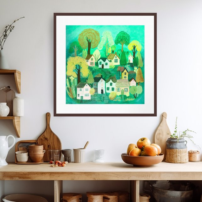 Cute Land Village Grönt Colorful Sweet Art Poster (Cute Country Village GREEN Colorful Watercolor Art Poster
)