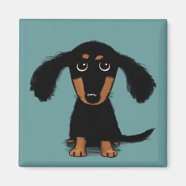 Cute Långhårig Black och Tan Dachshund Puppy Hund Magnet (Framsidan)
