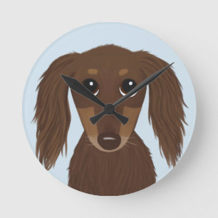 Cute Långhårig Chocolate Brown Dachshund Hund Rund Klocka