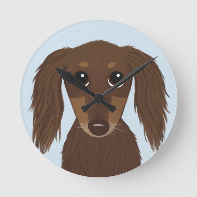 Cute Långhårig Chocolate Brown Dachshund Hund Rund Klocka (Framsida)