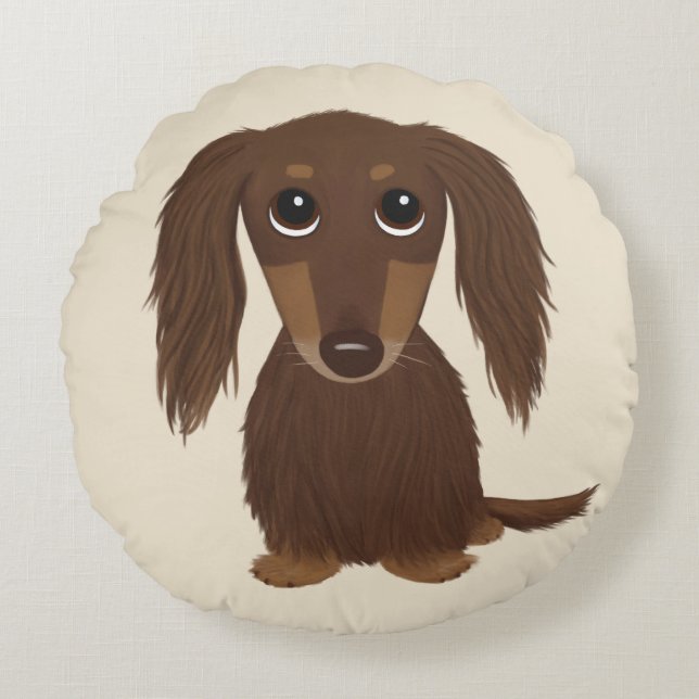 Cute Långhårig Chocolate Brown Dachshund Hund Rund Kudde (Framsidan)