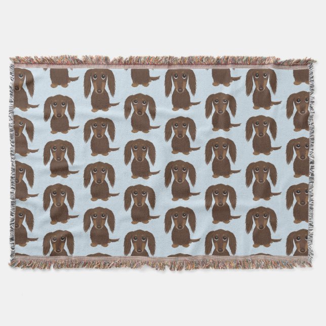 Cute Långhårig Chocolate Brown Dachshund Mönster Filt (Framsidan)