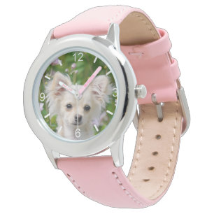 Cute långhårig kräm Chihuahua Hund Puppy upprin Armbandsur