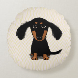 Cute Långhårigare Black and Tan Dachshund Puppy Rund Kudde