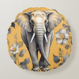 Cute Large Elephant Walking over Gult Daisys Rund Kudde