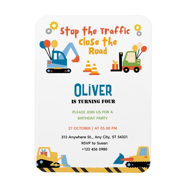 Cute Lastbil Construction Födelsedagsfest inbjudan Magnet (Vertikal)