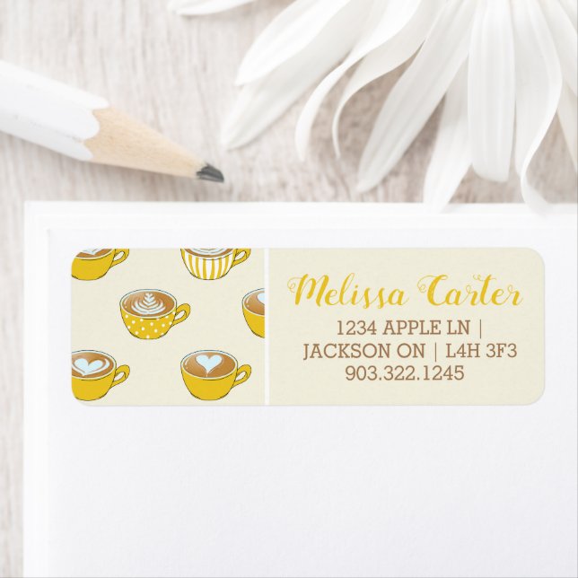 Cute Latte Art i Gult Kaffe koppar Mönster Returadress Etikett (Insitu)