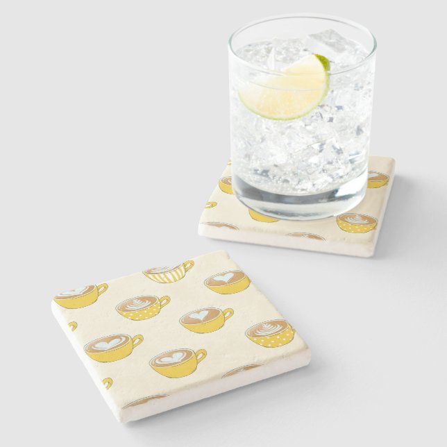 Cute Latte Art i Gult Kaffe koppar Mönster Stenunderlägg (Sidan)