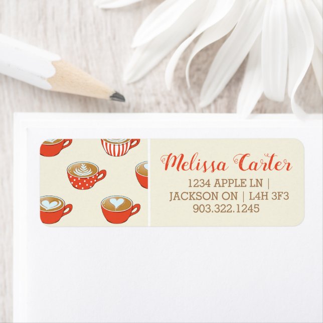 Cute Latte Art i Red Kaffe koppar Mönster Returadress Etikett (Insitu)