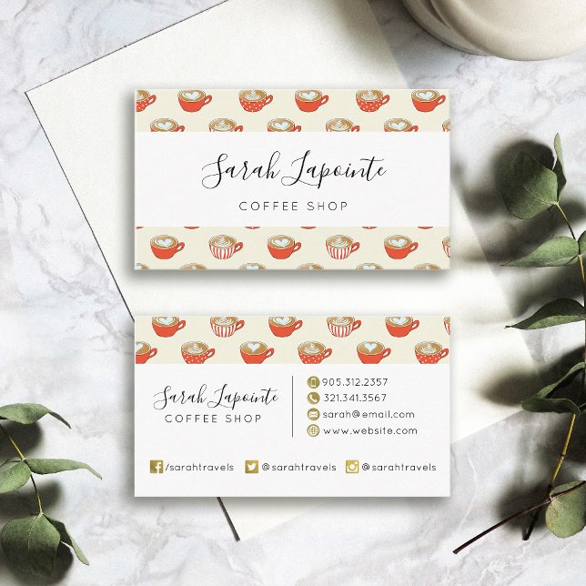 Cute Latte Art i Red Kaffe koppar Mönster Visitkort (Coffee Shop Red Latte Art Pattern Business Card)