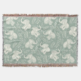Cute Laughing Elephants in Cream and Sage Grönt Filt