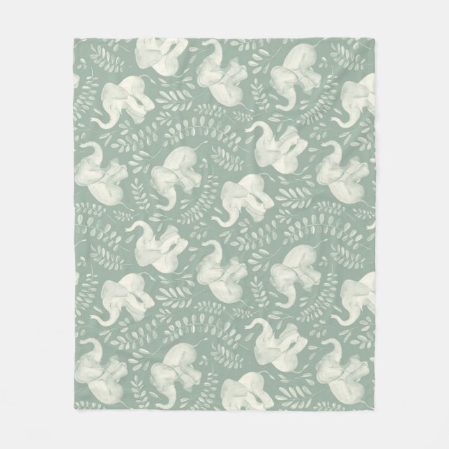 Cute Laughing Elephants in Cream and Sage Grönt Fleecefilt (Framsidan)