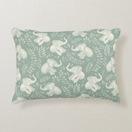 Cute Laughing Elephants in Cream and Sage Grönt Prydnadskudde