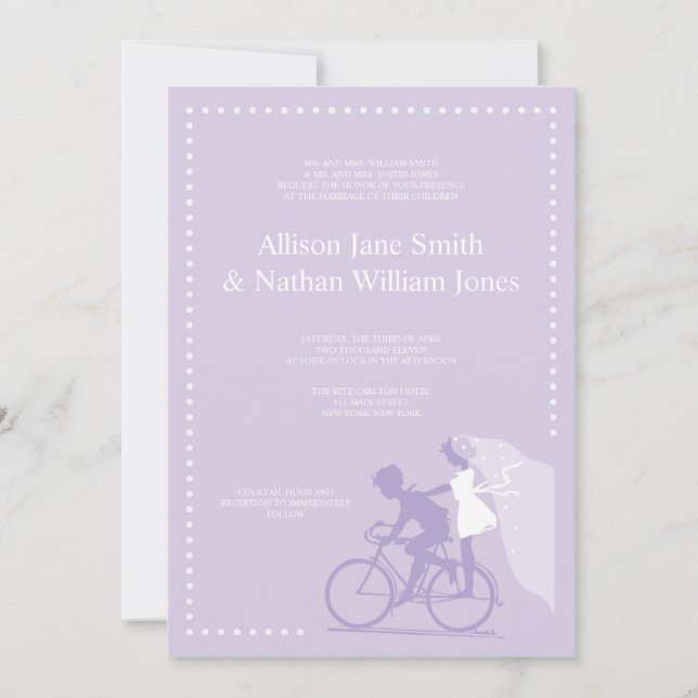CUTE Lavender Bicycle Couple bröllopsinbjudning Inbjudningar (Framsida)