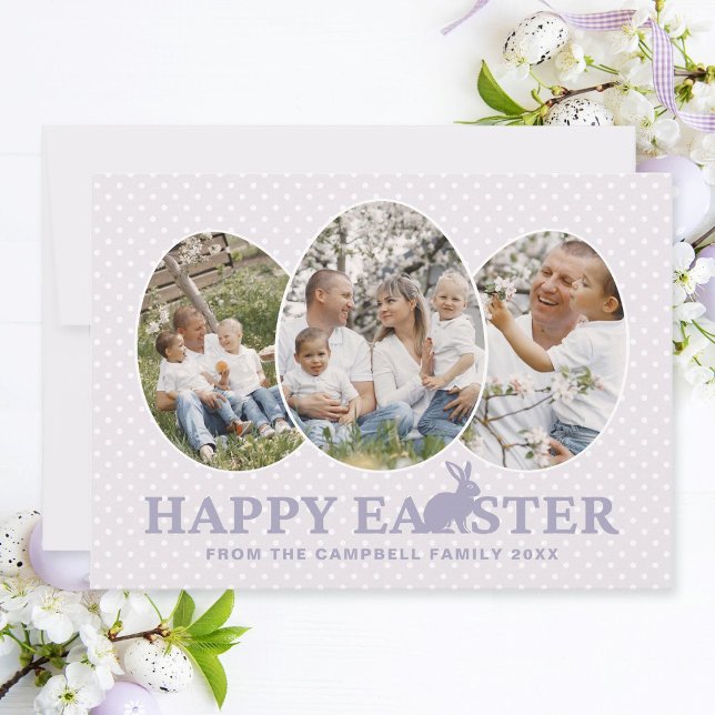 Cute Lavender-familjens fotoport för kanin-Påsk Julkort (Modern Easter family photo card with egg-shaped photo frames, pastel lavender text and rabbit.)