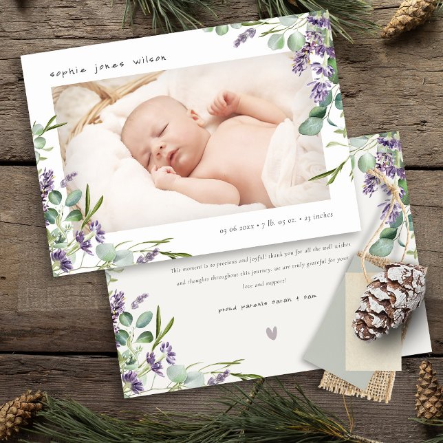 Cute Lavender Foliage Photo Birth Tack Kort (Skapare uppladdad)