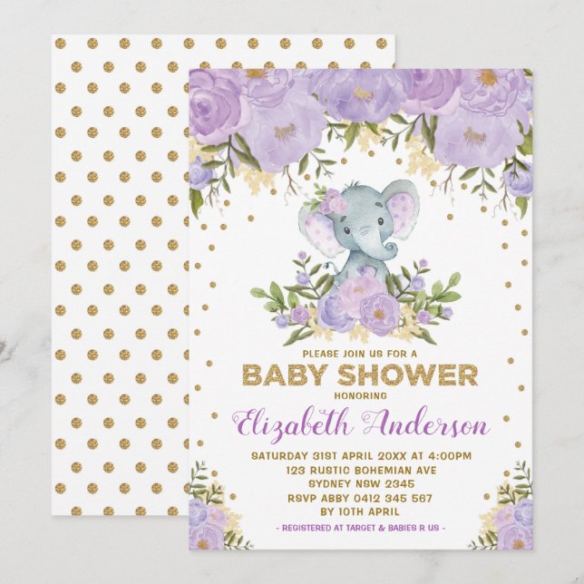 Cute Lavender Guld Blommigt Elephant Baby Shower Inbjudningar (Fram/baksida)
