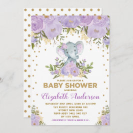 Cute Lavender Guld Blommigt Elephant Baby Shower Inbjudningar