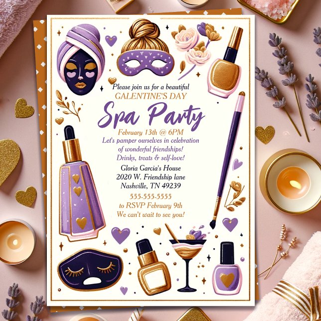 Cute Lavender och Guld Galentine's Day Spa Party Inbjudningar (Cute Lavender and Gold Galentine's Day Spa Party Invitation)