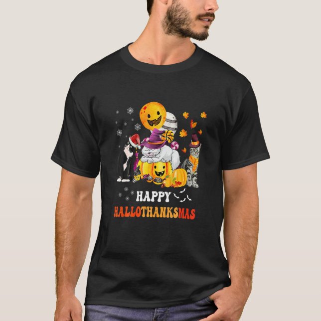 Cute Lazy Cat With Pumpkin Happy Hallowthanksmas T Shirt (Framsida)