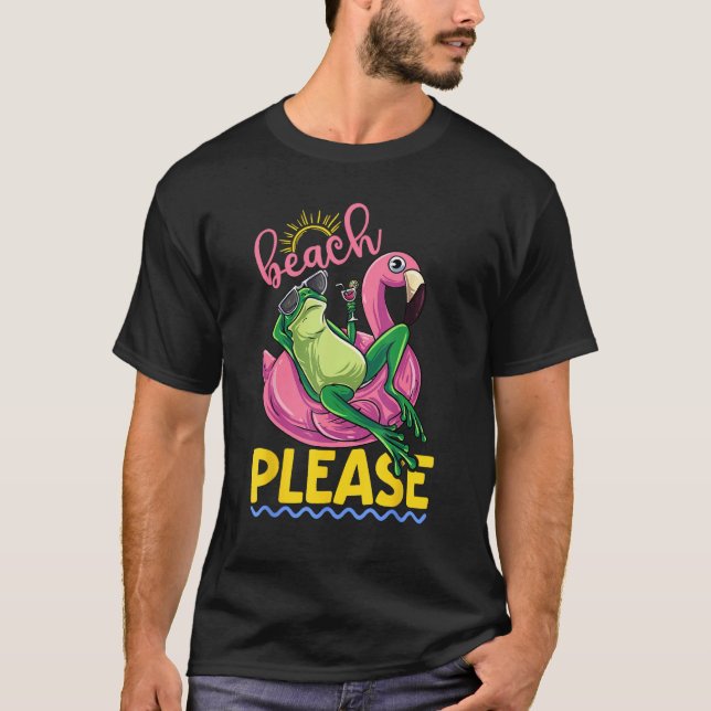 Cute Lazy Frog Pink Flamingo Beach Please Summer V T Shirt (Framsida)